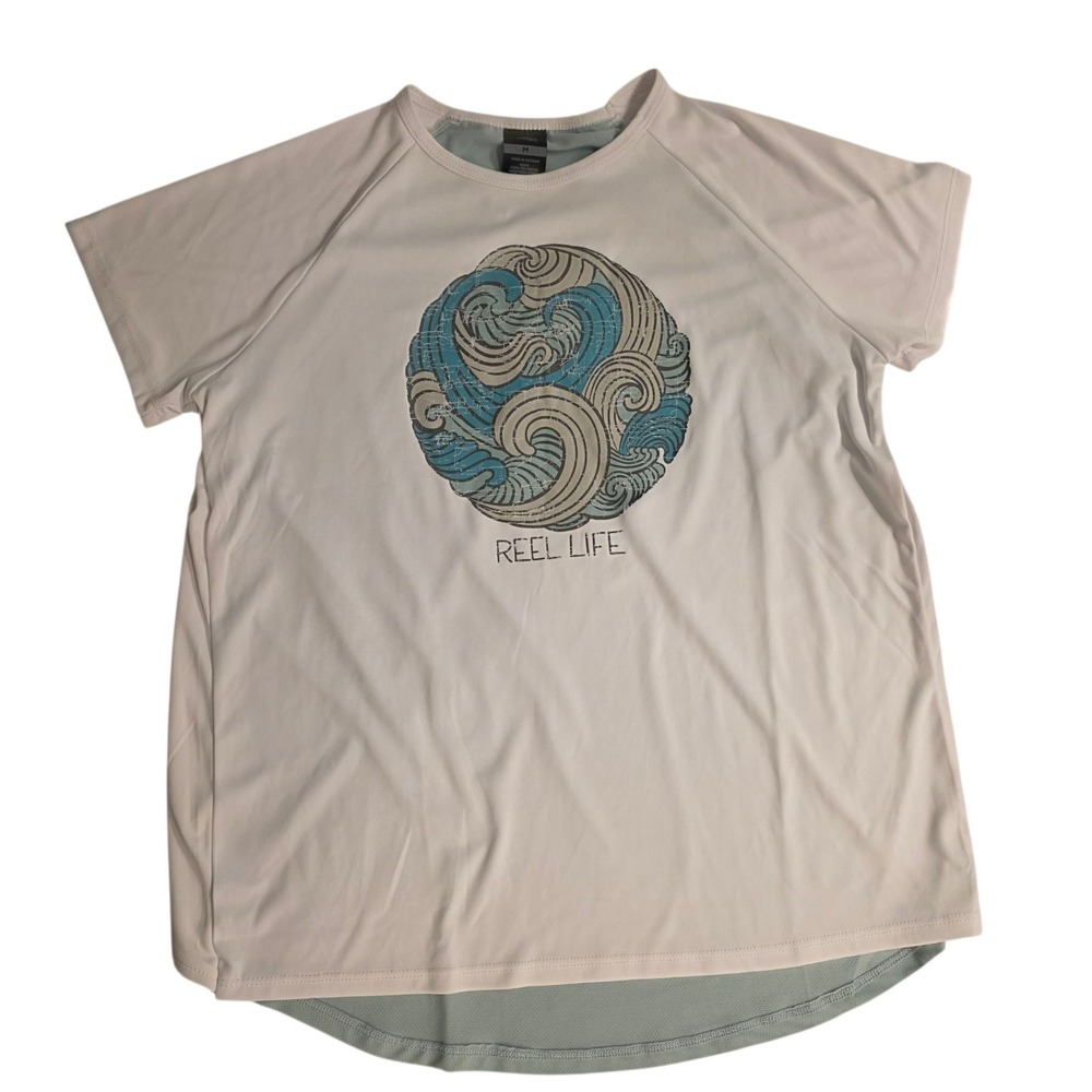 REEL LIFE Jax Beach Split Back Shirt White Green Beach UPF50 Womens Sz M